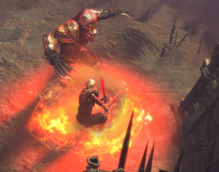 Character fighting an enemy with a Fire-arc