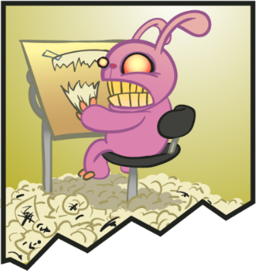 Pink bunny tearing up papers out of frustration