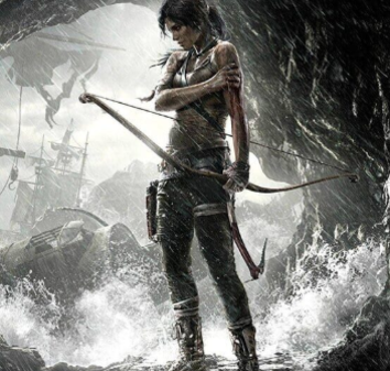 Lara Croft with a bow standing in a cave with wild sea and shipwreck in the background