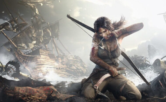 Lara Croft kneeling with a shipwreck in the background
