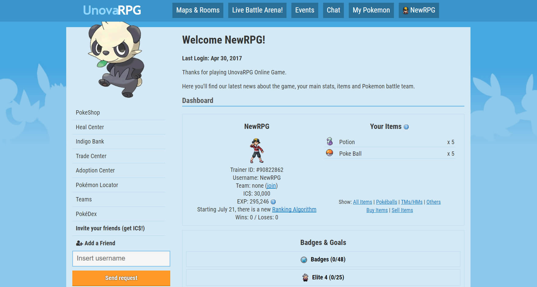 My Pokemon team on Unovarpg.com.