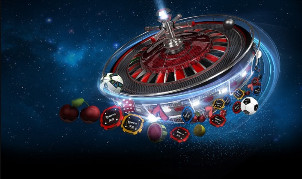 Spinning roulette wheel with chips flying off